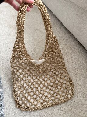 Woven Metallic Gold Crochet Tote Bag